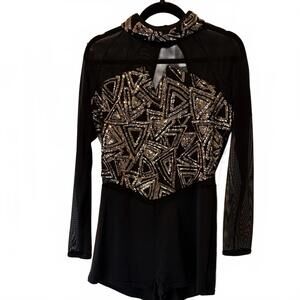 Girls Dance Costume Black and Hold Geometric Sequin XL